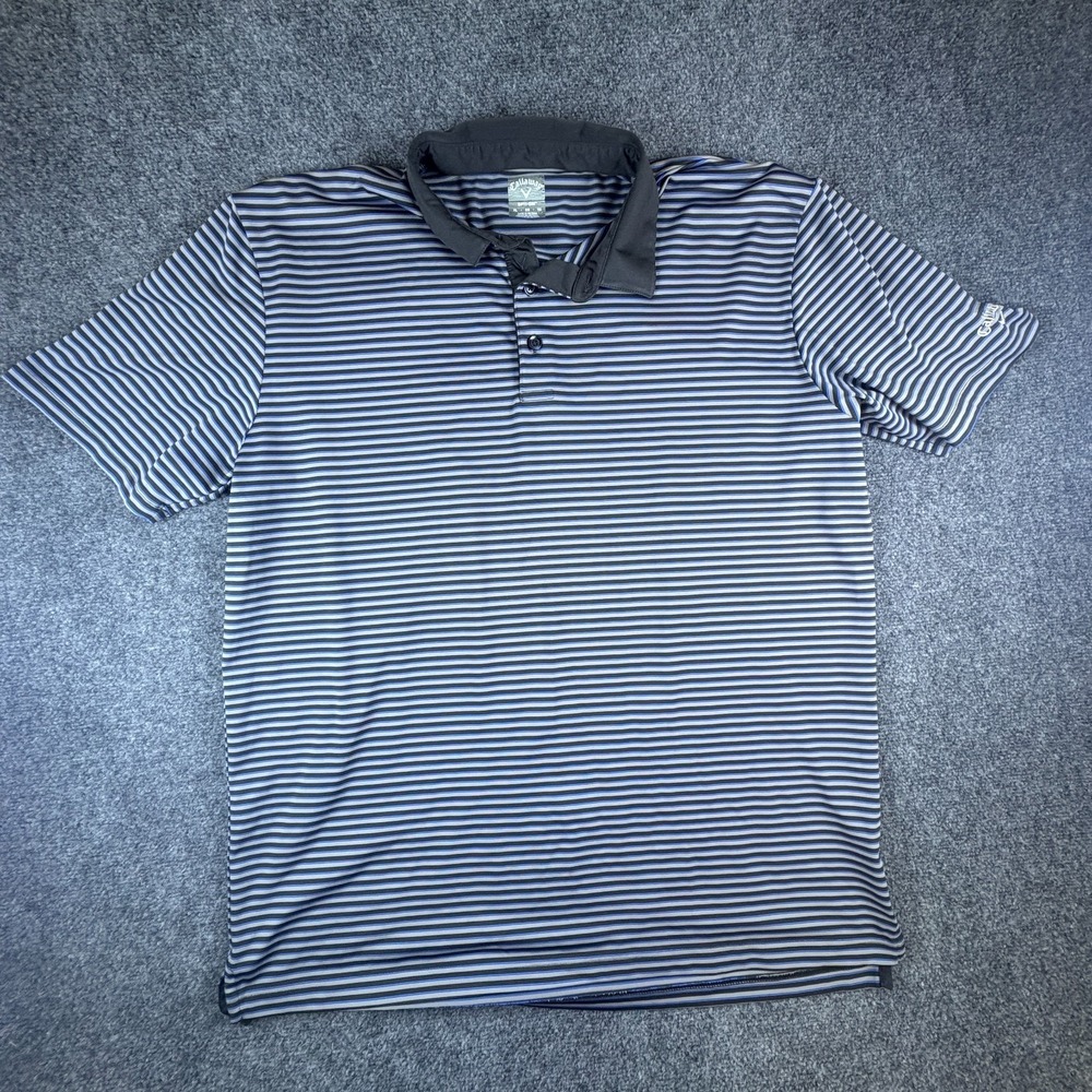 Callaway Opti-Dri Polo Shirt Mens XL Black‎ Gray Striped Logo Short Sleeve Golf